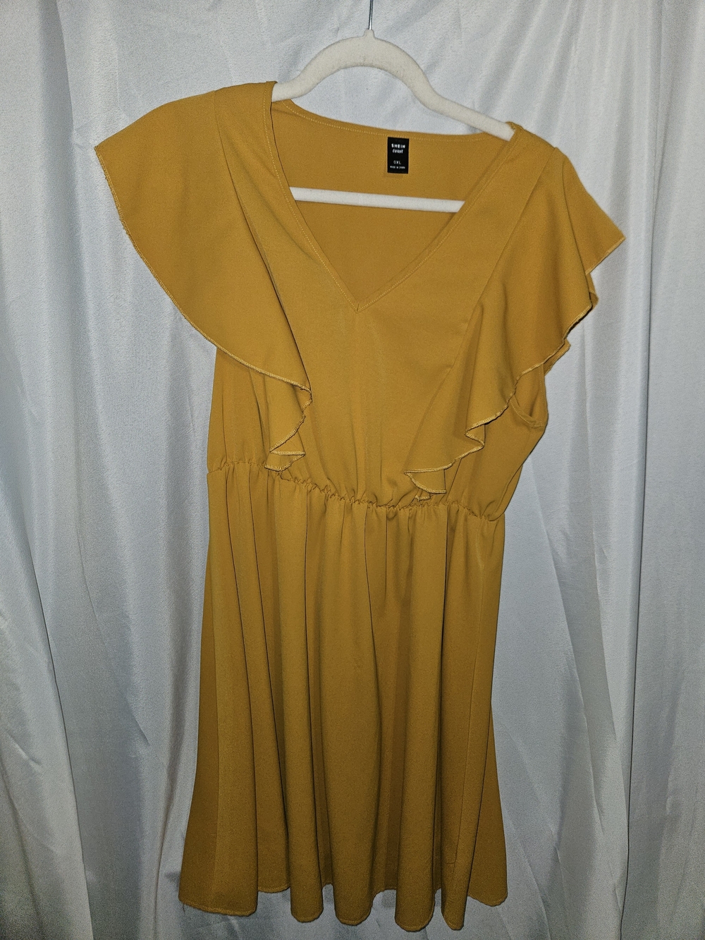 SHEIN Mustard Ruffle-Trim V-Neck Midi Dress
